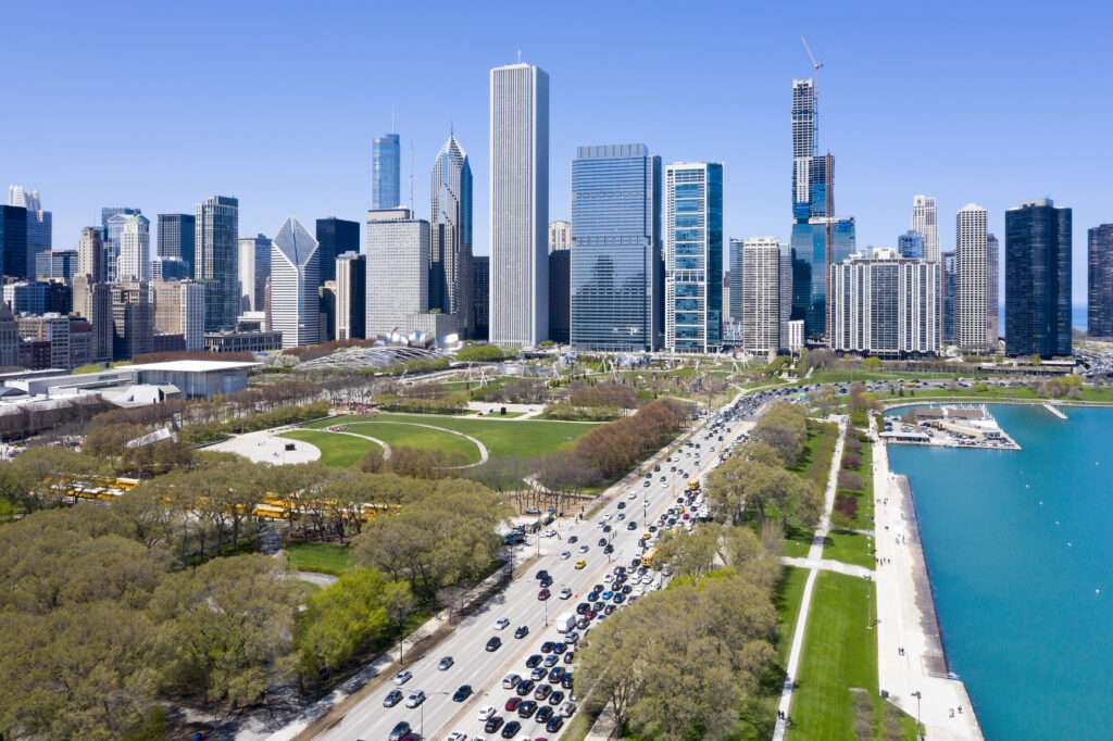Paisaje urbano de Chicago con Grant Park, vista aérea
